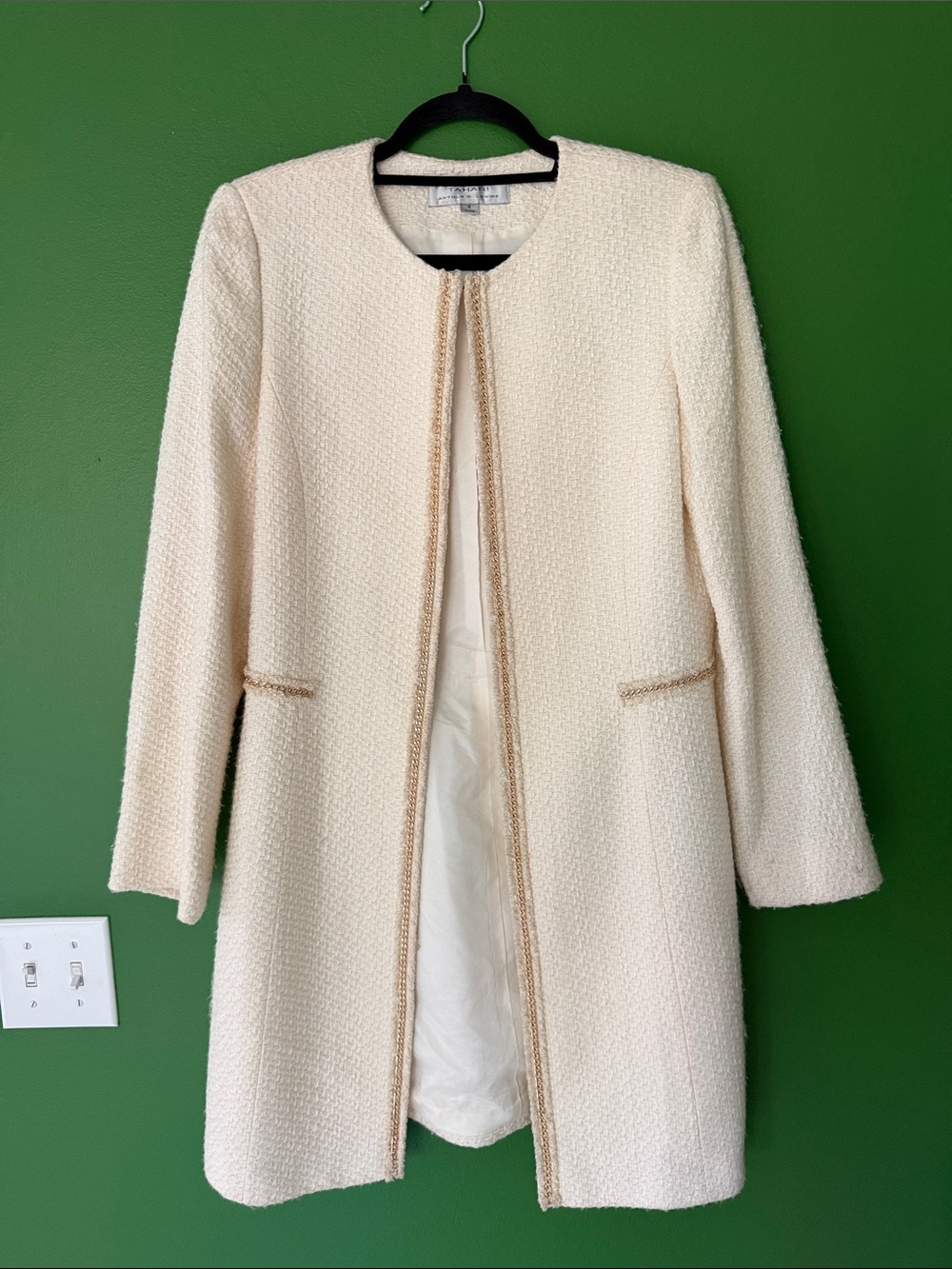 Classic Cream Collarless Tweed Open-Front Coat